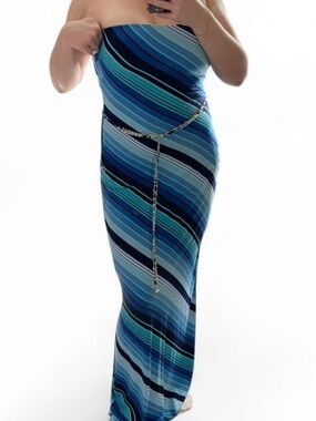 Vintage Cache Navy and Turquoise Striped Strapless Dress | Size L | Super cute